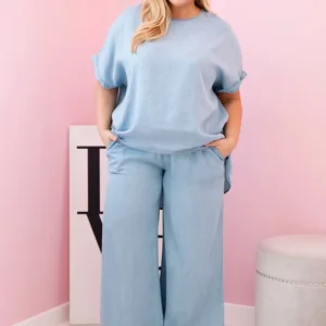 Moteriškas Plus Size iš tencelio palaidinė ir kelnės su raišteliu šviesiai