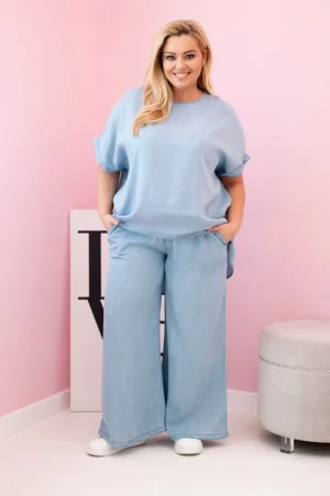 Moteriškas Plus Size iš tencelio palaidinė ir kelnės su raišteliu šviesiai