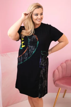 Moteriška medvilninė Plus Size suknelė su spalvingu raštu ir kišene