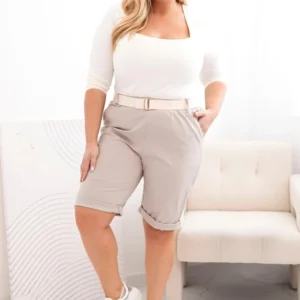 Medvilninės moteriškos šortai Plus Size su diržu tamsiai smėlio