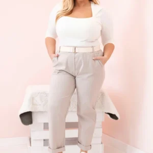 Medvilninės moteriškos kelnės Plus Size su diržu tamsiai smėlio