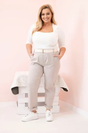 Medvilninės moteriškos kelnės Plus Size su diržu tamsiai smėlio