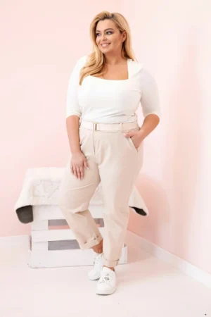 Medvilninės moteriškos kelnės Plus Size su diržu šviesiai smėlio