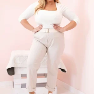 Medvilninės moteriškos kelnės Plus Size su diržu smėlio