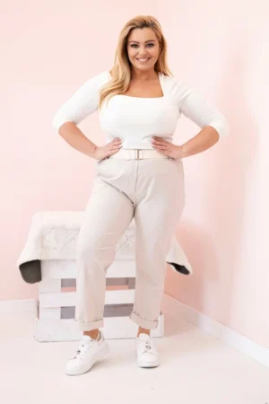 Medvilninės moteriškos kelnės Plus Size su diržu smėlio