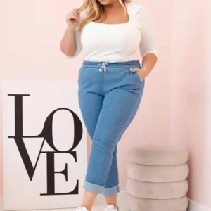 Medvilninės moteriškos kelnės Plus Size su elastingu juosmeniu ir raišteliu lengvas audinys