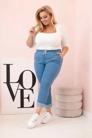 Medvilninės moteriškos kelnės Plus Size su elastingu juosmeniu ir raišteliu lengvas audinys