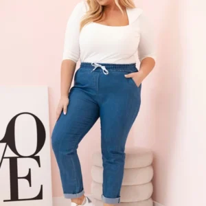 Medvilninės moteriškos kelnės Plus Size su elastingu juosmeniu ir raišteliu audinys