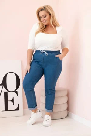 Medvilninės moteriškos kelnės Plus Size su elastingu juosmeniu ir raišteliu audinys