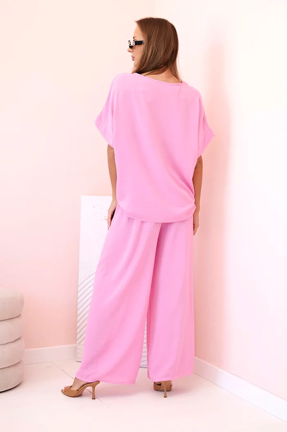 33153_2 Moteriškas iš viskozės su dekoratyviniu gėlių raštu ir platėjančiomis kelnėmis šviesiai - Image 3