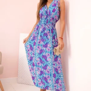 Moteriška medvilninė suknelė su gilia iškirpte ir surišamomis petnešėlėmis rugiagėlių +