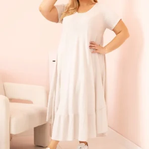 Moteriška Plus Size suknelė trumpomis rankovėmis ir raukiniais iš lengvos viskozės smėlio