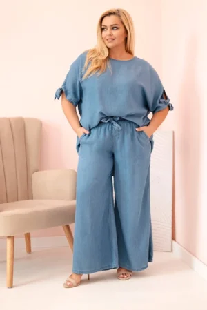 Moteriškas Plus Size iš tencelio – palaidinė su raišteliu ir platūs kelnės
