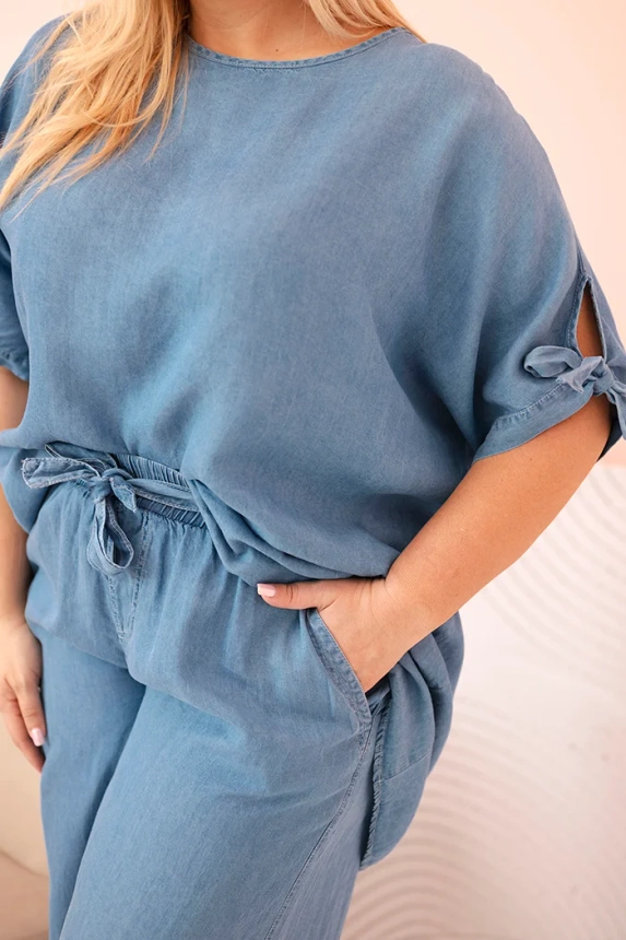 33237_4 Moteriškas Plus Size iš tencelio – palaidinė su raišteliu ir platūs kelnės - Image 4