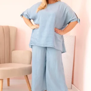 Moteriškas Plus Size iš tencelio – palaidinė su raišteliu ir platūs kelnės šviesus