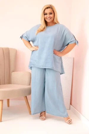 Moteriškas Plus Size iš tencelio – palaidinė su raišteliu ir platūs kelnės šviesus