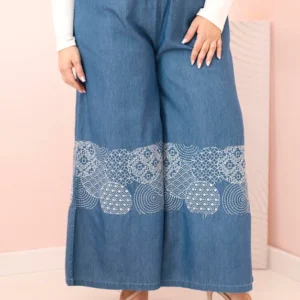 Moteriškos Plus Size kelnės plačiomis klešnėmis su etniniu siuvinėjimu