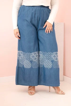Moteriškos Plus Size kelnės plačiomis klešnėmis su etniniu siuvinėjimu