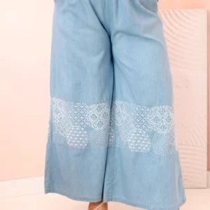 Moteriškos Plus Size kelnės plačiomis klešnėmis su etniniu siuvinėjimu šviesūs