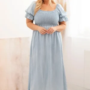 Moteriška Plus Size suknelė trumpomis rankovėmis ir raukiniais iš tencelio maxi šviesiai