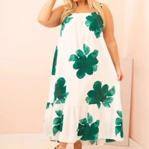 Moteriška suknelė su petnešėlėmis, raukiniais ir gėlėtu raštu