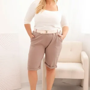 Medvilninės moteriškos šortai Plus Size su diržu fango