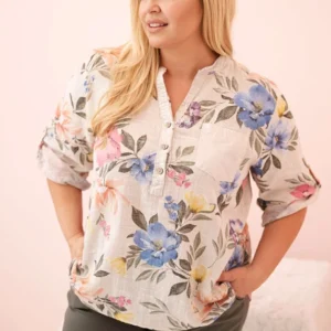 Moteriška Plus Size medvilninė palaidinė su gėlėmis smėlio
