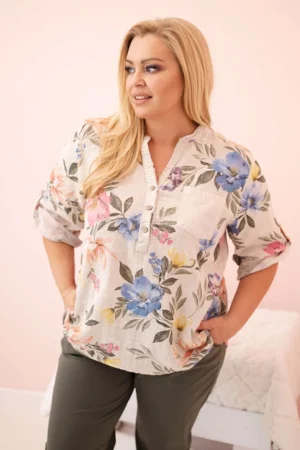 Moteriška Plus Size medvilninė palaidinė su gėlėmis smėlio