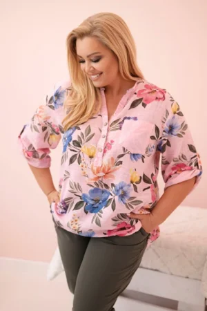 Moteriška Plus Size medvilninė palaidinė su gėlėmis šviesiai