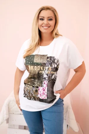 Moteriški medvilniniai Plus Size marškinėliai su spalvotu atspaudu +