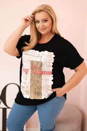 Moteriška Plus Size medvilninė palaidinė su užrašu „Day Dream“ + kupranugario