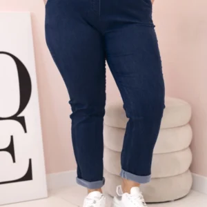 Medvilninės moteriškos kelnės Plus Size su elastingu juosmeniu ir raišteliu tamsiai