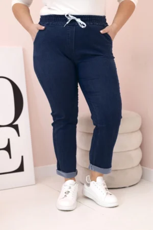 Medvilninės moteriškos kelnės Plus Size su elastingu juosmeniu ir raišteliu tamsiai