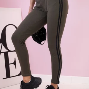 Moteriškos kelnės su juostelėmis ir raišteliu liemens srityje khaki