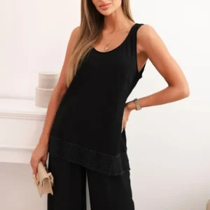 Moteriškas iš viskozės, palaidinė plačiomis petnešomis ir kelnės plačiomis kojomis