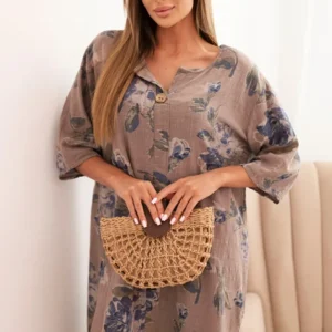 Moteriška medvilninė suknelė su gėlių raštu ir 3/4 rankovėmis fango