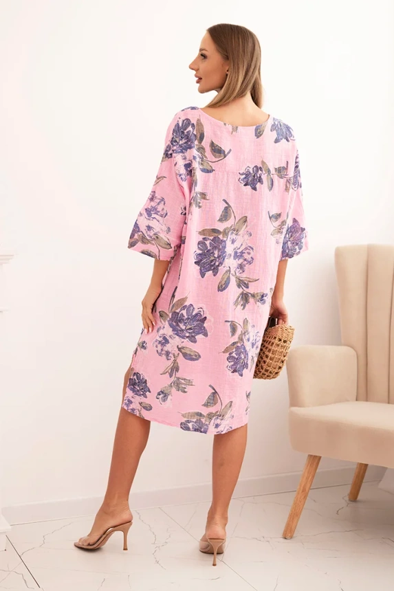 33514_2 Moteriška medvilninė suknelė su gėlių raštu ir 3/4 rankovėmis šviesiai - Image 3