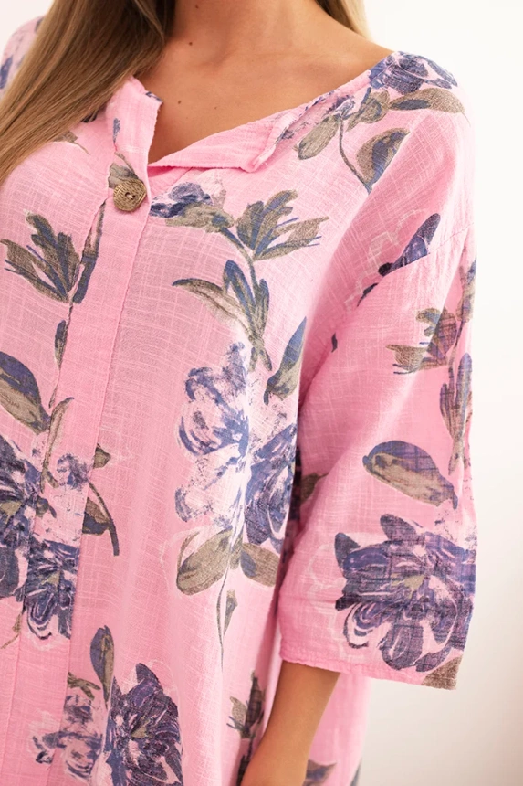 33514_4 Moteriška medvilninė suknelė su gėlių raštu ir 3/4 rankovėmis šviesiai - Image 4