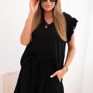 Moteriškas iš viskozės, marškiniai su volanais ir trumpi šortai