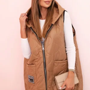 Moteriška pūsta liemenė Plus Size su kapišonu, užsegama užtrauktuku, kamelinė