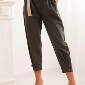 Vasaros Punto kelnes su užsegimais ant blauzdų tamsiai khaki