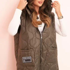 Moteriška pamušalinė liemenė Plus Size su kapišonu, užsegama užtrauktuku khaki