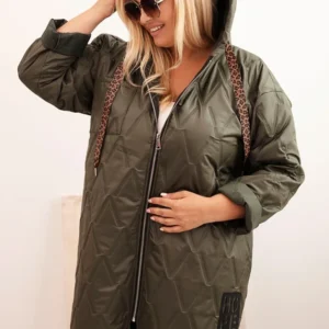 Moteriška Plus Size pūkinė striukė su kapišonu ir užrašu HOPE khaki