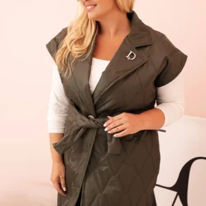 Moteriška Plus Size pamušalinė liemenė su diržu ir apykakle khaki