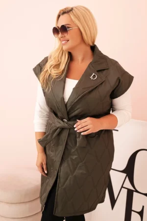 Moteriška Plus Size pamušalinė liemenė su diržu ir apykakle khaki
