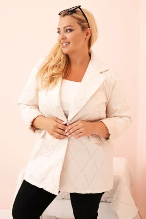 Moteriška Plus Size pūkuota striukė su apykakle ir mygtuku šviesiai bežinė