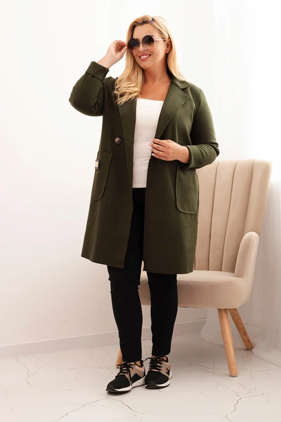 33960_1 Moteriškas elegantiškas Plus Size paltas su apykakle ir didelėmis kišenėmis khaki - Image 2