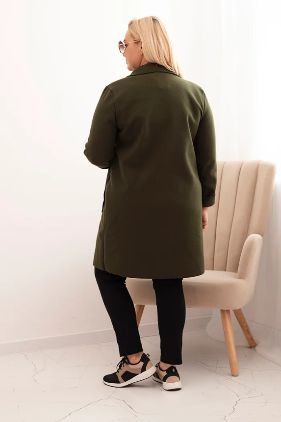 33960_2 Moteriškas elegantiškas Plus Size paltas su apykakle ir didelėmis kišenėmis khaki - Image 3