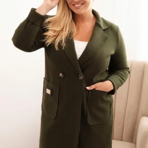Moteriškas elegantiškas Plus Size paltas su apykakle ir didelėmis kišenėmis khaki