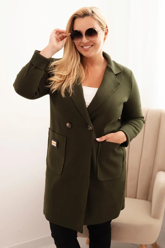 33960_3 Moteriškas elegantiškas Plus Size paltas su apykakle ir didelėmis kišenėmis khaki